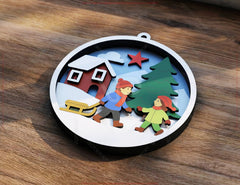 Kids Playin Snowball Christmas Ornament, Round 3D Winter Scene with Snowman SVG Laser Cut Shadow Box Digital Download |#U598| VectorPort