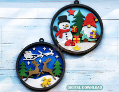 New Year Layered Design | Round 3D Winter Scene with Santa, Snowman SVG | Laser Cut Shadow Box Digital Download |#U599|