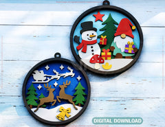 New Year Layered Design | Round 3D Winter Scene with Santa, Snowman SVG | Laser Cut Shadow Box Digital Download |#U599| VectorPort
