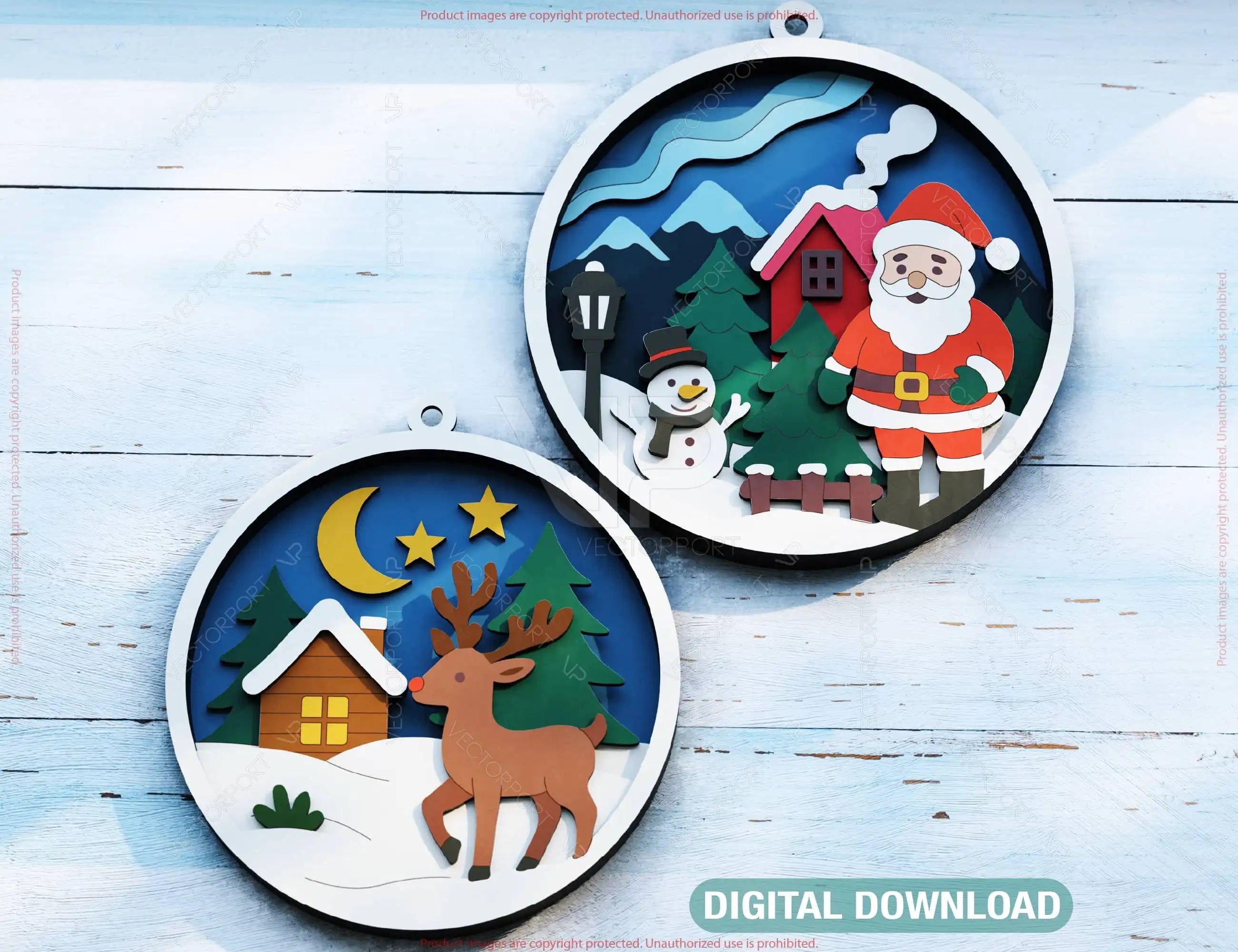 New Year Layered Design | Round 3D Winter Scene with Santa, Snowman SVG | Laser Cut Shadow Box Digital Download |#U600| VectorPort