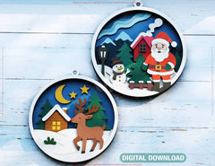 New Year Layered Design | Round 3D Winter Scene with Santa, Snowman SVG | Laser Cut Shadow Box Digital Download |#U600|