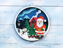 New Year Layered Design | Round 3D Winter Scene with Santa, Snowman SVG | Laser Cut Shadow Box Digital Download |#U600|