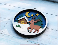 New Year Layered Design | Round 3D Winter Scene with Santa, Snowman SVG | Laser Cut Shadow Box Digital Download |#U600|