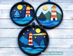 Night Lighthouse Round 3D Art – Coastal Nautical Decor, Layered Lighthouse & Moon Scene, Handmade Home Decoration Digital Download |#U601|