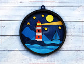 Night Lighthouse Round 3D Art – Coastal Nautical Decor, Layered Lighthouse & Moon Scene, Handmade Home Decoration Digital Download |#U601|
