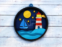 Night Lighthouse Round 3D Art – Coastal Nautical Decor, Layered Lighthouse & Moon Scene, Handmade Home Decoration Digital Download |#U601|