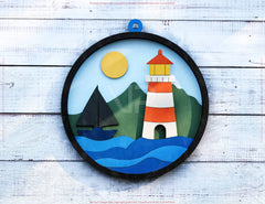 Night Lighthouse Round 3D Art – Coastal Nautical Decor, Layered Lighthouse & Moon Scene, Handmade Home Decoration Digital Download |#U601|