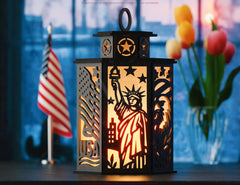 Patriotic USA Theme Laser Cut Table Lamp with Statue of Liberty, Flag, Eagle, Stars, Gift for Americans Digital Download |#U606|