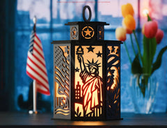 Patriotic USA Theme Laser Cut Table Lamp with Statue of Liberty, Flag, Eagle, Stars, Gift for Americans Digital Download |#U606| VectorPort