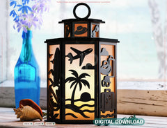 Laser Cut Summer Travel Theme Lamp with Beach, Umbrella, Palm Tree, Airplane, Sun & Sand Scene Digital Download |#U608|