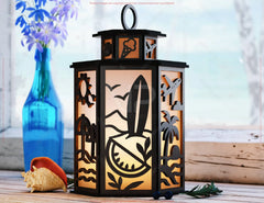Laser Cut Summer Travel Theme Lamp with Beach, Umbrella, Palm Tree, Airplane, Sun & Sand Scene Digital Download |#U608|