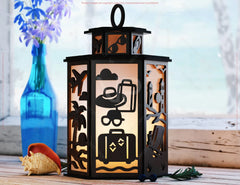Laser Cut Summer Travel Theme Lamp with Beach, Umbrella, Palm Tree, Airplane, Sun & Sand Scene Digital Download |#U608|