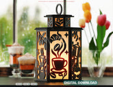 Laser Cut Coffee Theme Lamp with Latte Mug, Beans, Steam, Espresso Cups & Café Scene Candle Holder Digital Download |#U609|