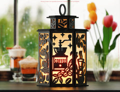 Laser Cut Coffee Theme Lamp with Latte Mug, Beans, Steam, Espresso Cups & Café Scene Candle Holder Digital Download |#U609|