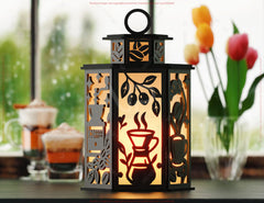 Laser Cut Coffee Theme Lamp with Latte Mug, Beans, Steam, Espresso Cups & Café Scene Candle Holder Digital Download |#U609|