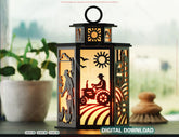 Farmer Laser Cut Farm Theme Lantern with Tractor, Barn, Hay Bales – Rustic Candle Holder Lamp Digital Download |#U610|