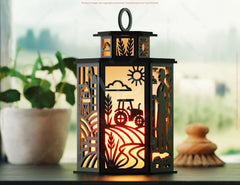 Farmer Laser Cut Farm Theme Lantern with Tractor, Barn, Hay Bales – Rustic Candle Holder Lamp Digital Download |#U610|