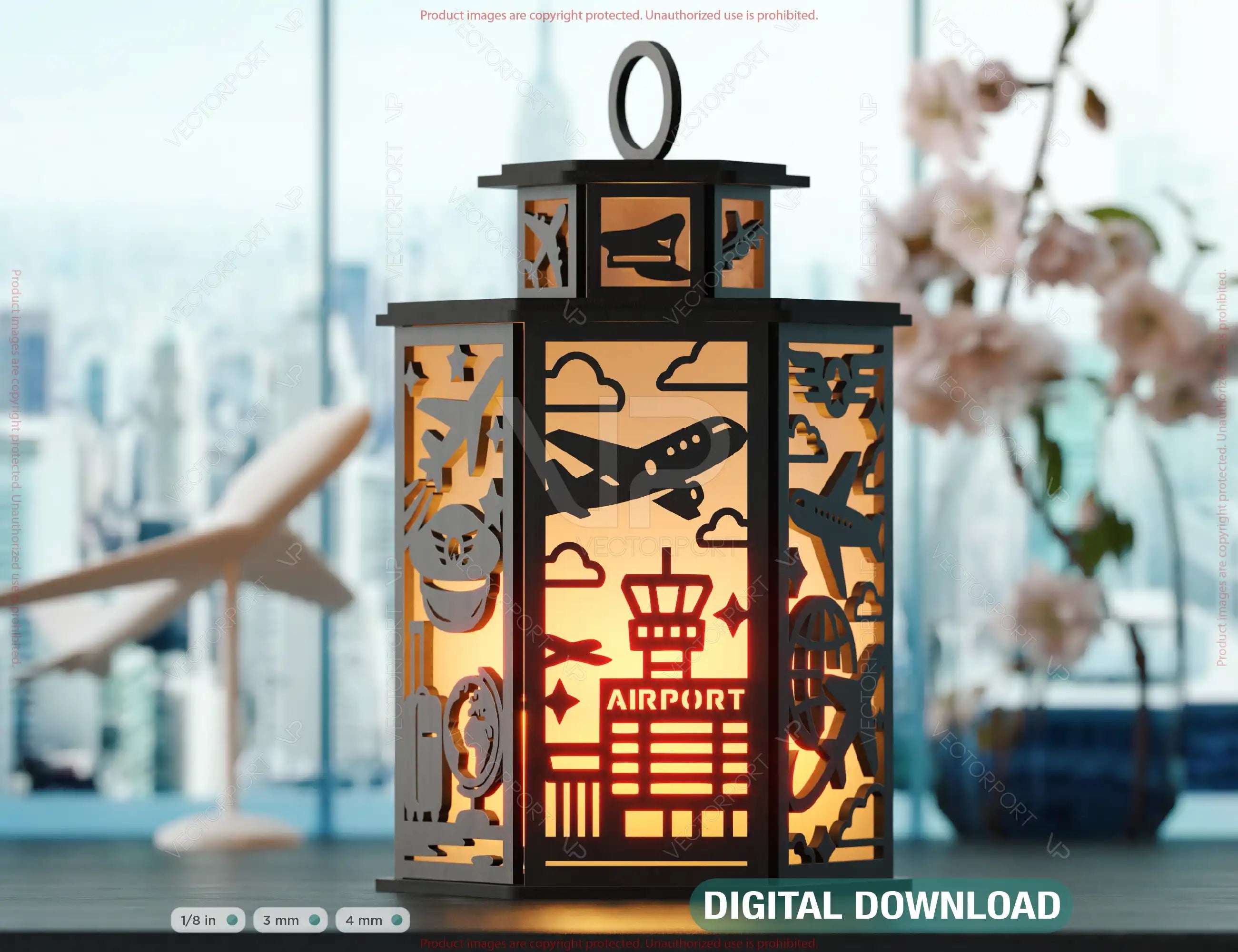 Pilot Theme Laser Cut Lantern with Airplane, Cockpit Panels, Clouds & Flight Elements – Aviation Candle Holder Lamp Digital Download |#U612| VectorPort