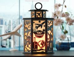 Pilot Theme Laser Cut Lantern with Airplane, Cockpit Panels, Clouds & Flight Elements – Aviation Candle Holder Lamp Digital Download |#U612| VectorPort