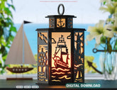 Sailor Theme Laser Cut Lantern with Lighthouse, Anchor, Ship Wheel & Ocean Scenes – Nautical Candle Holder Lamp Digital Download |#U613|