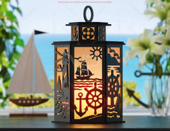 Sailor Theme Laser Cut Lantern with Lighthouse, Anchor, Ship Wheel & Ocean Scenes – Nautical Candle Holder Lamp Digital Download |#U613|