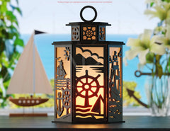 Sailor Theme Laser Cut Lantern with Lighthouse, Anchor, Ship Wheel & Ocean Scenes – Nautical Candle Holder Lamp Digital Download |#U613|