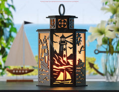 Sailor Theme Laser Cut Lantern with Lighthouse, Anchor, Ship Wheel & Ocean Scenes – Nautical Candle Holder Lamp Digital Download |#U613|