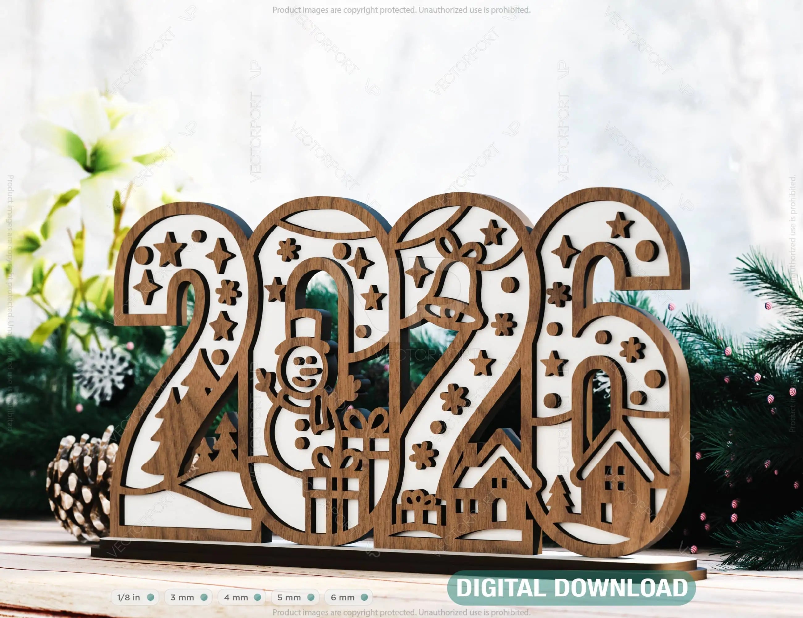 2026 Christmas Standing Display, Festive Wooden Cutout Scene with Snowman, Reindeer, and Snowflakes, Laser Cut Digital Download |#U616| VectorPort