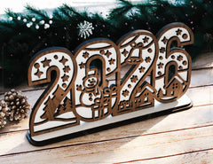 2026 Christmas Standing Display, Festive Wooden Cutout Scene with Snowman, Reindeer, and Snowflakes, Laser Cut Digital Download |#U616|