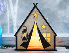 3D Camping Tent Lantern SVG – Laser Cut Miniature Camp House, Rustic Layered Candle Holder, Campfire Night Décor Digital Download |#U618|