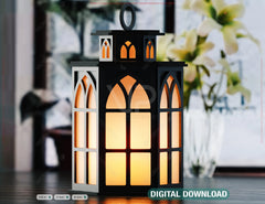 Cathedral Lantern SVG – Laser Cut Hexagon Lamp, Gothic Window Candle Holder, 3D Light Box File, Elegant Church Decor Digital Download |#U619|