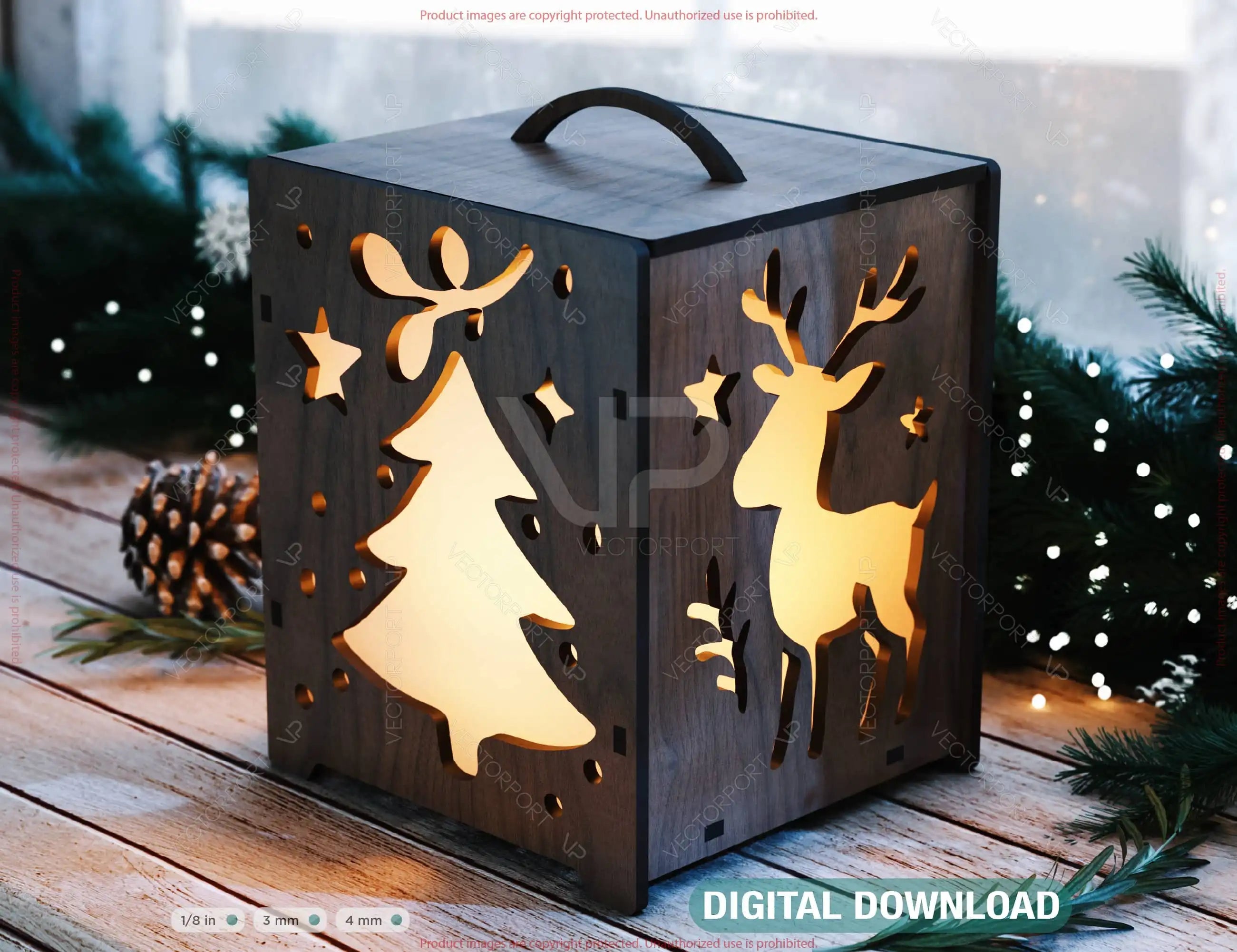 Wooden Christmas Lantern & Box – LED Light Holiday Decor, Handmade Laser Cut Santa and Reindeer Table Lamp Digital Download |#U620| VectorPort