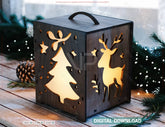 Wooden Christmas Lantern & Box – LED Light Holiday Decor, Handmade Laser Cut Santa and Reindeer Table Lamp Digital Download |#U620|