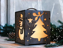 Wooden Christmas Lantern & Box – LED Light Holiday Decor, Handmade Laser Cut Santa and Reindeer Table Lamp Digital Download |#U620|