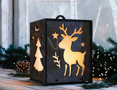 Wooden Christmas Lantern & Box – LED Light Holiday Decor, Handmade Laser Cut Santa and Reindeer Table Lamp Digital Download |#U620|