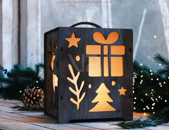 Wooden Christmas Lantern & Box – LED Light Holiday Decor, Handmade Laser Cut Santa and Reindeer Table Lamp Digital Download |#U620|