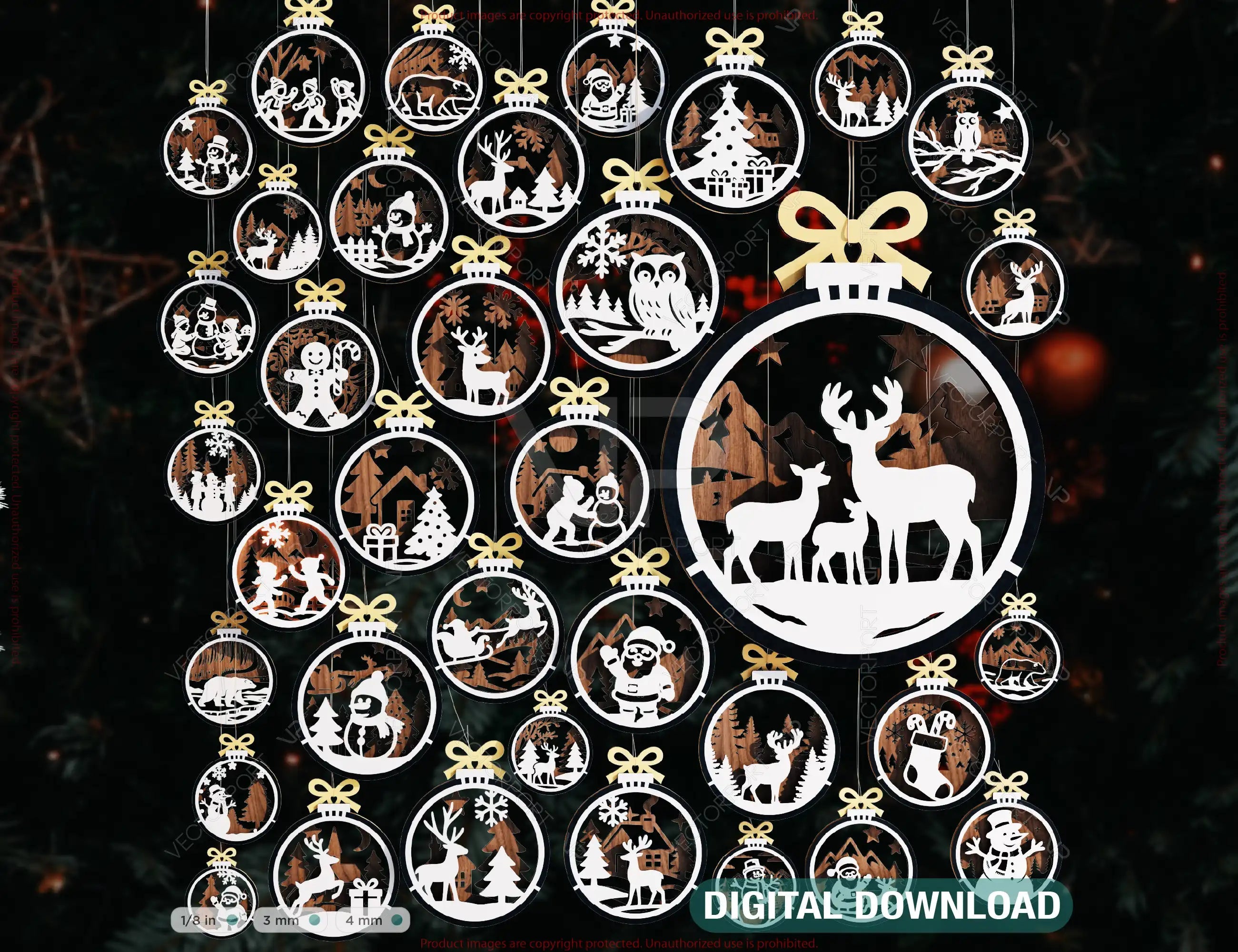 New Year 3D Christmas Ornament Bundle of 36 | Laser Cut Snowy Scene Holiday Tree Hanging Baubles | Digital Download |#U636| VectorPort