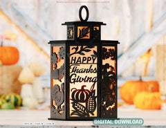 Thanksgiving Lantern Tealight Holder SVG – Autumn Leaves, Pumpkins & Turkey Candle Box Digital Download |#U639|