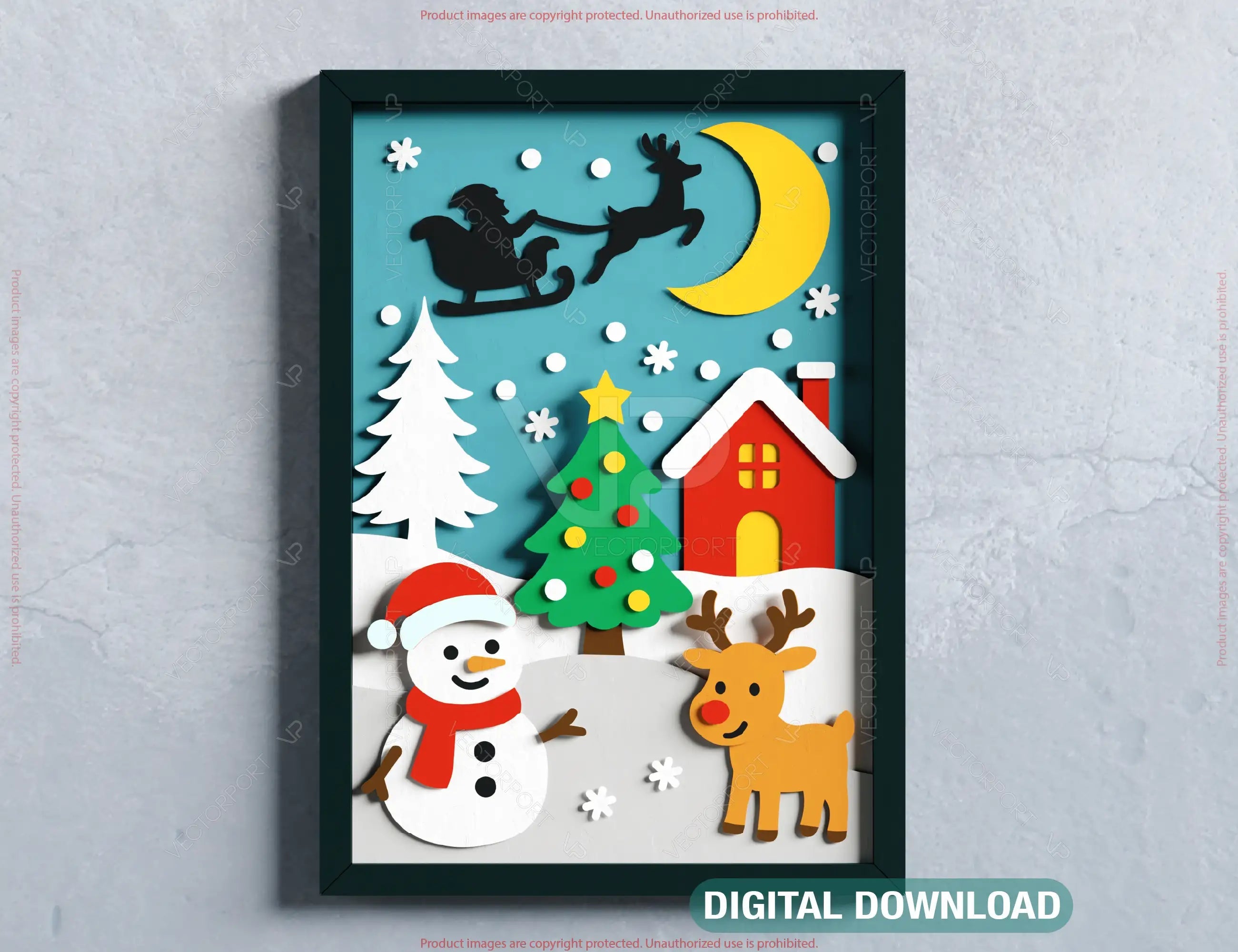 Christmas Shadow Box Snowman & Reindeer | Layered Papercut SVG | 3D Winter Scene with Santa Sleigh, Wall Art Frame Digital Download |#U641| VectorPort