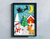 Christmas Shadow Box Snowman & Reindeer | Layered Papercut SVG | 3D Winter Scene with Santa Sleigh, Wall Art Frame Digital Download |#U641|
