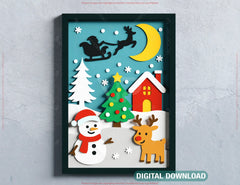 Christmas Shadow Box Snowman & Reindeer | Layered Papercut SVG | 3D Winter Scene with Santa Sleigh, Wall Art Frame Digital Download |#U641|
