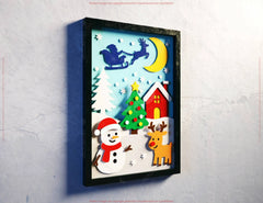 Christmas Shadow Box Snowman & Reindeer | Layered Papercut SVG | 3D Winter Scene with Santa Sleigh, Wall Art Frame Digital Download |#U641|