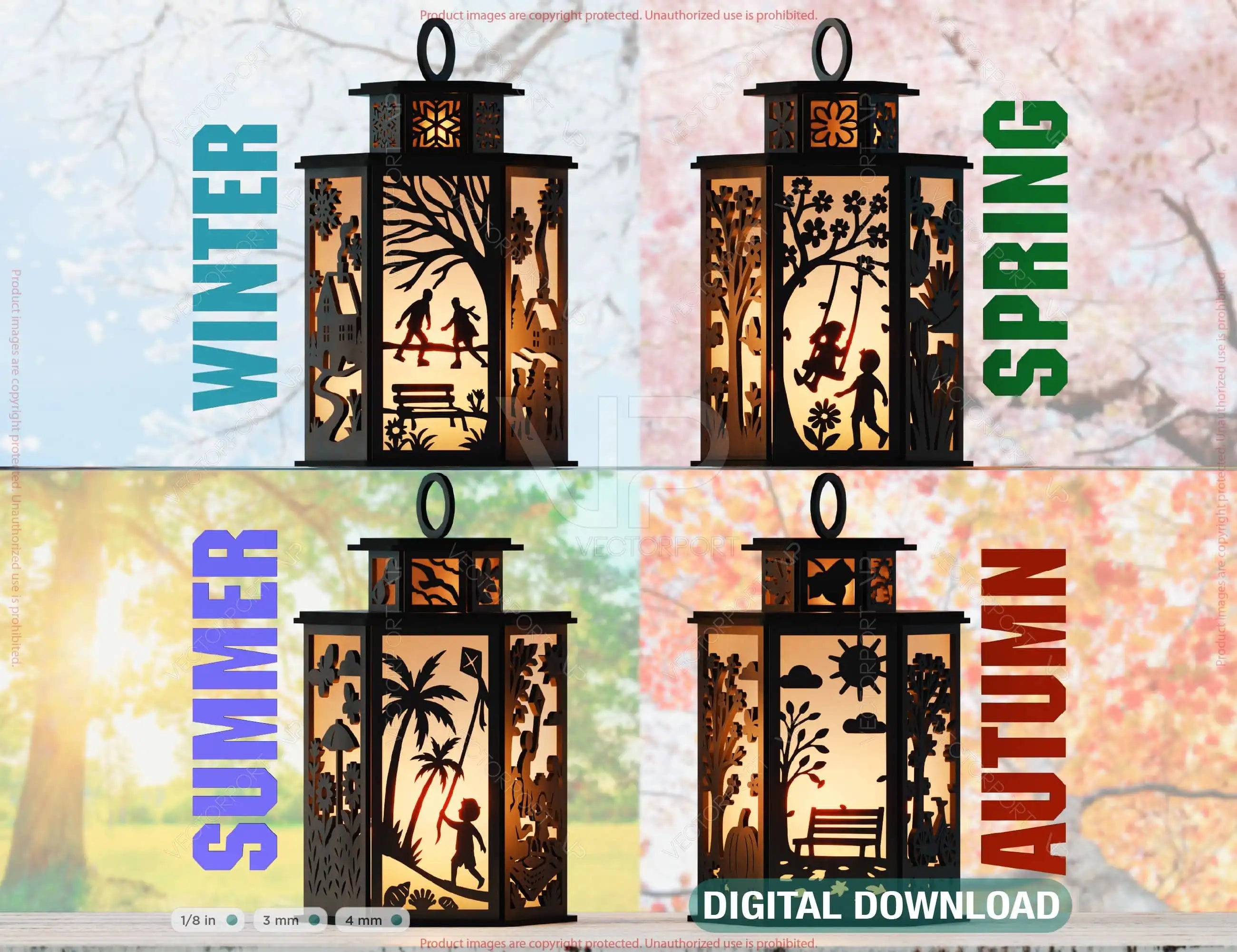 Four Seasons Lantern Bundle SVG – Spring, Summer, Autumn & Winter Tealight Holders | Candle Holder Digital Download |#U642| VectorPort