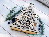 Christmas Tree Box with Snowflake Lid Elegant Laser-Cut Plywood Rustic Holiday Keepsake Box Digital Download |#U645|