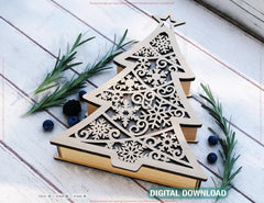 Christmas Tree Box with Snowflake Lid Elegant Laser-Cut Plywood Rustic Holiday Keepsake Box Digital Download |#U645|