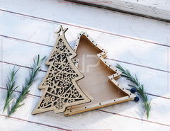 Christmas Tree Box with Snowflake Lid Elegant Laser-Cut Plywood Rustic Holiday Keepsake Box Digital Download |#U645|