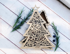Christmas Tree Box with Snowflake Lid Elegant Laser-Cut Plywood Rustic Holiday Keepsake Box Digital Download |#U645|