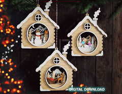 3D Layered Wooden House Christmas Ornament Cozy Winter Cabin with | Laser Cut Shadow Box Digital Download |#U646|