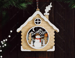 3D Layered Wooden House Christmas Ornament Cozy Winter Cabin with | Laser Cut Shadow Box Digital Download |#U646|