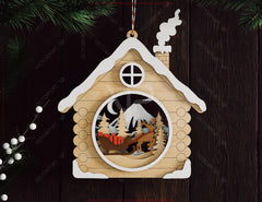 3D Layered Wooden House Christmas Ornament Cozy Winter Cabin with | Laser Cut Shadow Box Digital Download |#U646|